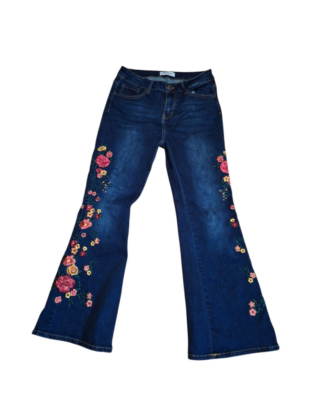 TELEPATIA Dark Blue Floral Embroidered Flared Jeans Ladies 30 Bohemian Hippy
